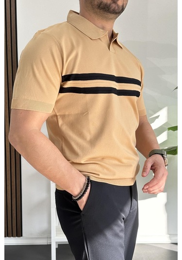Erkek Açık Yaka Çizgli Tişört Sarı Edw236 Sarı