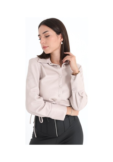 İçi Kadife Bağcıklı Kadın Kısa Deri Gömlek - Taş-taş Taş