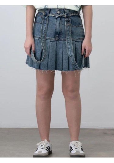 Kız Çocuk Askılı Pileli Tasarım Denim Etek-15535 Mavi