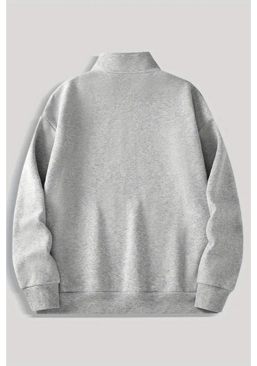 Gri Fermuarlı Dikyaka Sweatshirt- What - Kışık Şardonlu Kumaş Gri