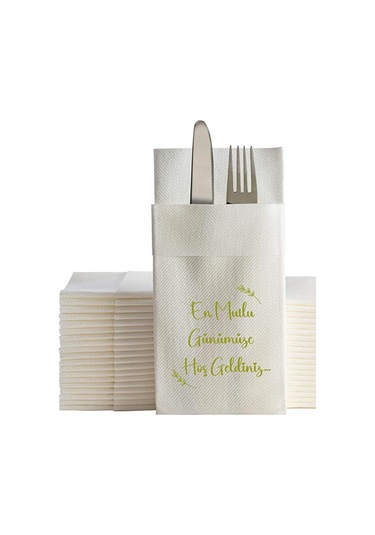 Peçete En Mutlu Günümüze Hoş Geldiniz Baskılı Cepli Peçete Düğün