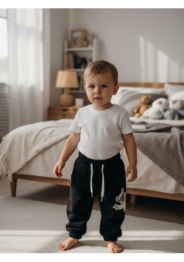 Zekids Bebek Ayıcık Desenli Eşofman Alt-16391 Siyah