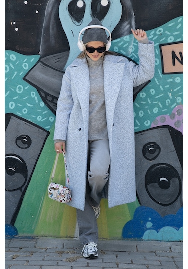 Lela Oversize Fit Mono Yaka Düğmeli Buklet Uzun Kaşe Bayan Kaban 6810236 Bebe Mavi