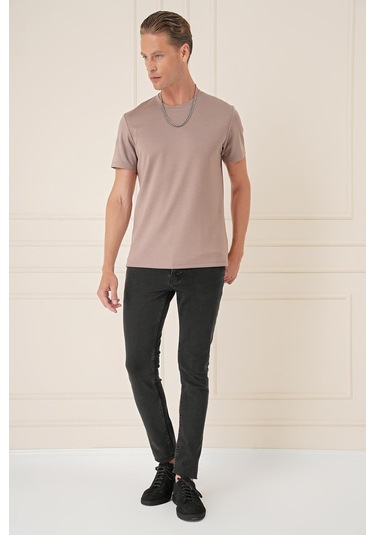 Comfort Fit Bisiklet Yaka Esnek Pamuk Casual Koyu Bej Tişört Ts 885 Bej