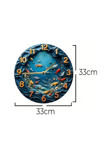 Akvaryum Ve Balık Temalı Mdf Duvar Saati 3d Görünümlü, Sessiz Quartz Mekanizma, 2d Hd Baskı Sdw243 Renkli
