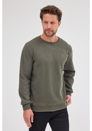 Erkek Haki Standart Fit Normal Kesim Pamuklu Basic Bisiklet Yaka Sweatshirt Haki