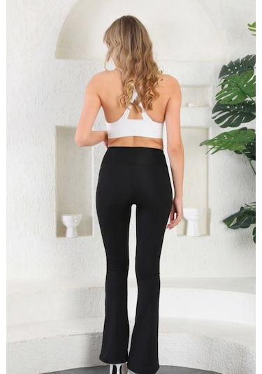 Enenstyle Fashıon Boutıque Yüksek Bel Toparlayıcı Şık İspanyol Paça Dalgıç Kumaş Rahat Şık Günlük Tayt SiYAH