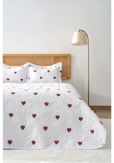 Lovely Çift Kişilik Mikro Uyku Seti 3 Parça Kalpli Yatak Örtüsü Seti Ekru