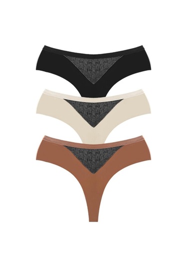 File Detaylı Beli Lastikli Lazer Kesim Büyük Beden Kadın Tanga Külot 3'lü Paket Renkli-2 Çok Renkli