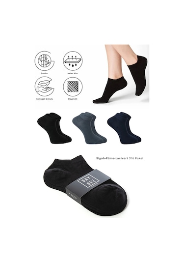Bambu Erkek Patik Düz Siyah-lacivert-füme Çorap Dikişsiz Premium 3'lü Paket Çok Renkli