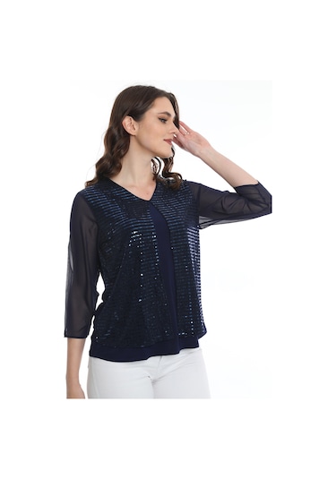 Ella Camelia Kadın Kolları Tül Detaylı Bluz 19E040 Lacivert
