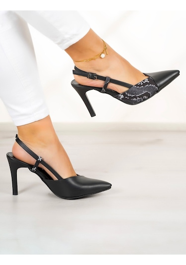 Erkan Saçmacı Sacha Siyah Yılan Arkası Açık İnce Topuklu Ayakkabı Siyah Yılan