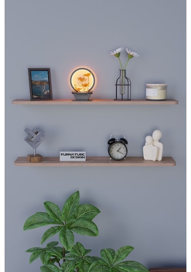 Dekoratif Uçan Duvar Rafı 2 Adet Gizli Monteli Raf Oval Kesim 100x18 Cm Atlantik Çam