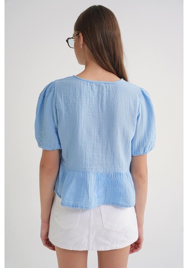 4713 Kadın Beli Büzgülü Kolu Lastikli Bol Müslin Bluz Bebe Mavi Bebe Mavi