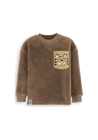 Denokids Kaplan Oversize Erkek Çocuk Peluş Sweatshirt - Kahverengi