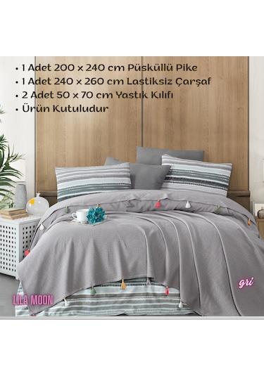 Valeria Tassel Gri Renkli Çift Kişilik Püsküllü Pike Takımı Gri