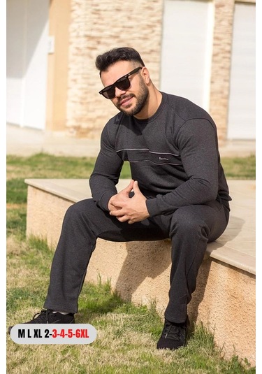 Antrasit Normal - Battal Büyük Beden Kalın Sweat Erkek Eşofman Takımı 21eestbakt Antrasit