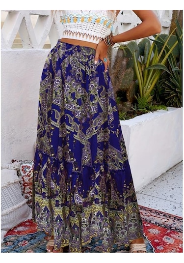 Mavi Paisley Desenli Büzgülü Etekler, Boho Pileli Yazlık Maxi Etekler, Kadın Giyim Mavi