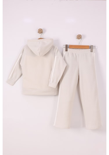 Monox Kız Çocuk Çiçek Baskılı İpli Şeritli Pantolon Fitilli Polar Takım Taş