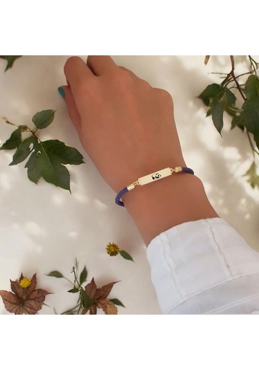 Archin Panda Temalı Dikdörtgen Motifli Mor Derili 14 Ayar Altın Plakalı Hediye Bileklik-412sembol Panda Sembolü