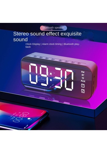 Yunboo Siyah Mini Masaüstü Müzik Hoparlörü - Akıllı Alarm Saati, Led Ayna Ekranı, 6 Saat Çalma Süresi, Bluetooth 5.0, Ev Ve Ofis İçin