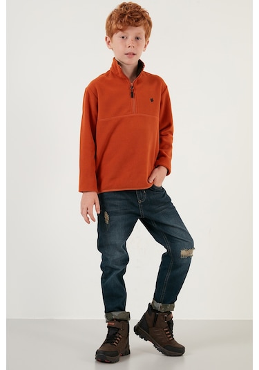 Lela Yumuşak Dokulu Fermuarlı Dik Yaka Şardonlu Kışlık Unisex Çocuk Polar 5905002 Oranj