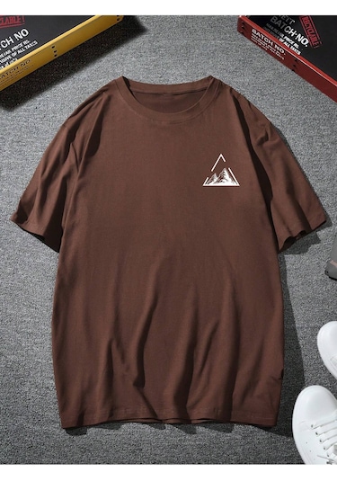Üçgen Dağ T-shirt - Kahverengi Baskılı Oversize Bisiklet Yaka Kısa Kol Tişört Kahverengi
