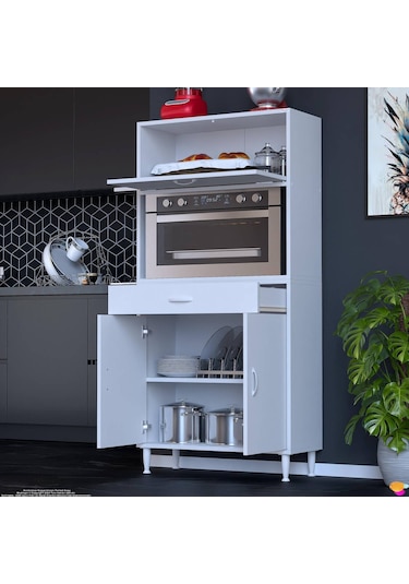 Modilayn Vio 80x163,4x32.5 Cm Çek, Kapaklı, Ekmeklikli. Mini/midi Mikrodalga Mutfak Dolabı Beyaz