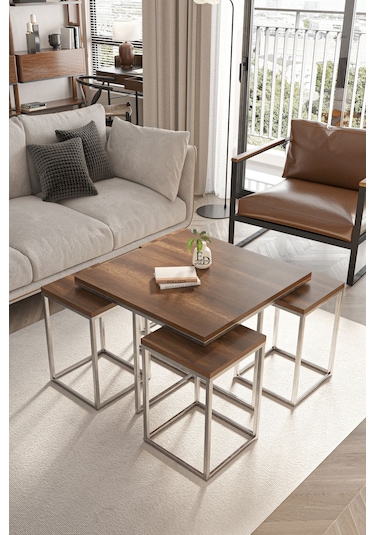 Lizbon 4+1 Kare Sehpa Takımı Gümüş Metal - Barok Tabla