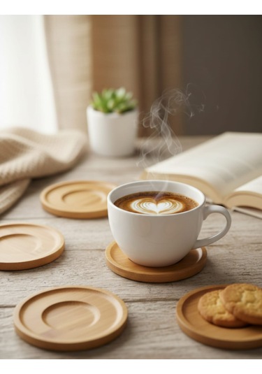 Bambu 6 Lı Çay Tabağı-bambu Ahşap 6'lı Çay Tabağı Ve Sunum Tabağı Açık Kahverengi