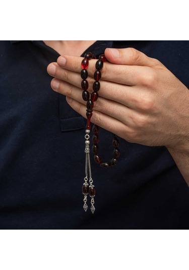 Gümüş Kırmızı Siyah Ateş Kehribar Tesbih Sl12595 Gümüş
