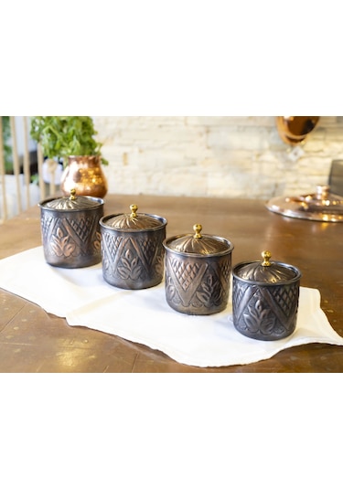 Bakır Baharat Takımı Desen Kakmalı Model Oksit Renk 4'lü Oksit Bakır