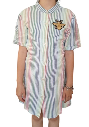 Kız Çocuk Arı Bloşlu Düğme Kapamalı Midi Boy Renkli Elbise