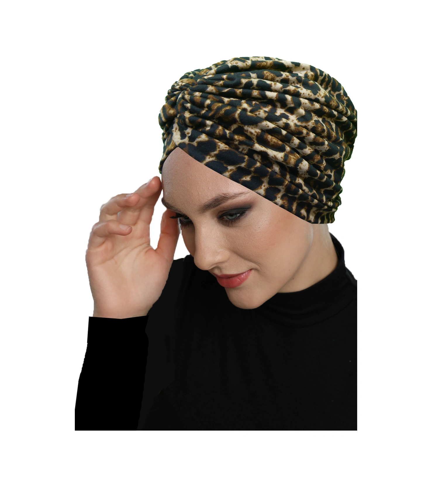 Savanna Vog Desenli Çapraz Ve Bant Detaylı Astarlı Hazır Türban Tesettür Havuz Bonesi Koyu Leopar