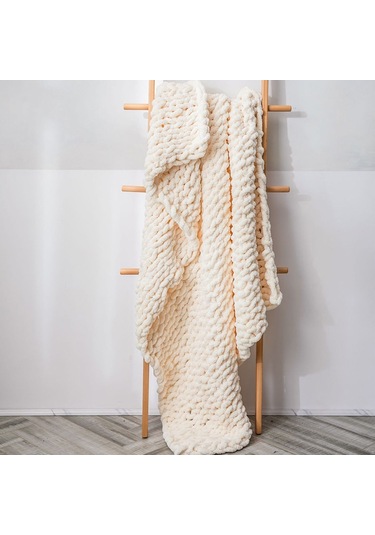 Sones El Yapımı Kalın Yün Örgü Battaniye Kanepe Şönil Çubuk Örgü Battaniye, Boyut: 80 X 100 Cm Muhallebi