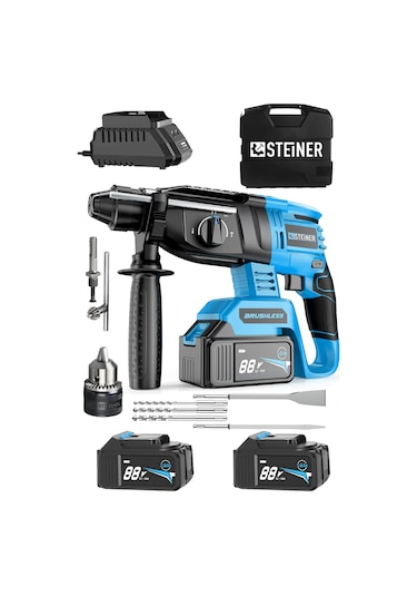 Steiner 88V 5Ah Çift Akülü Darbeli Kırıcı Delici Matkap Mavi + Mandren + 5 Parça Uç