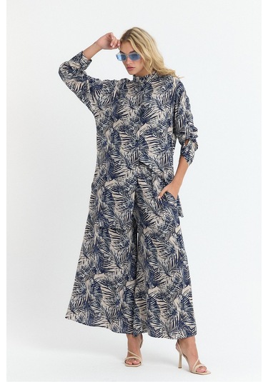 Schık Kadın Viskon Rahat Bol Paça Truvakar Kol Önü Düğme Baskılı Takım Lacivert