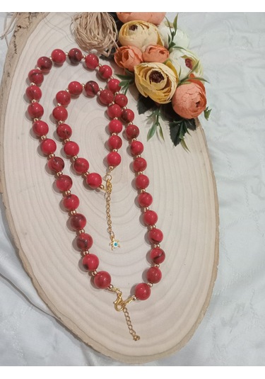 Kırmızı Yuvarlak Kolye Ve Bileklik Takımı Kırmızı