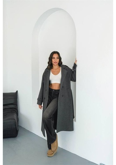 Neşeli Butik Kadın Omuz Detaylı Antrasit Kaşe Kaban Nbmylk34 Antrasit