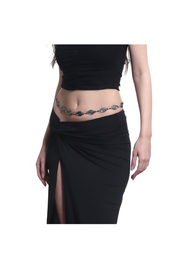 Kadın Antrasit Lak Kaplama Spiral Baskılı Oval Parçalı Ayarlanabilir Bel Zinciri, Bel Kolyesi Antrasit