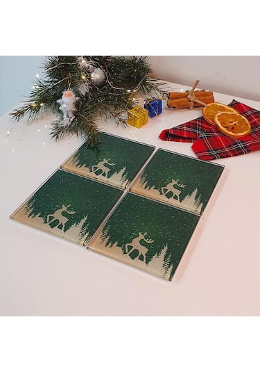 Decorita Cam Bardak Altlığı Yeni Yıl Yeşil Silüet 4'lü Takım Yeşil