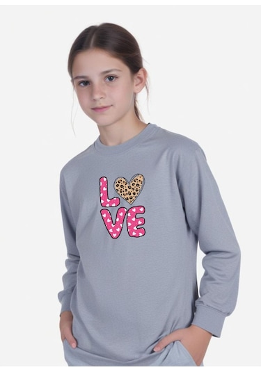 Kız Çocuk Yuvarlak Yaka Tek Üst-baskılı Sweatshirt Gri
