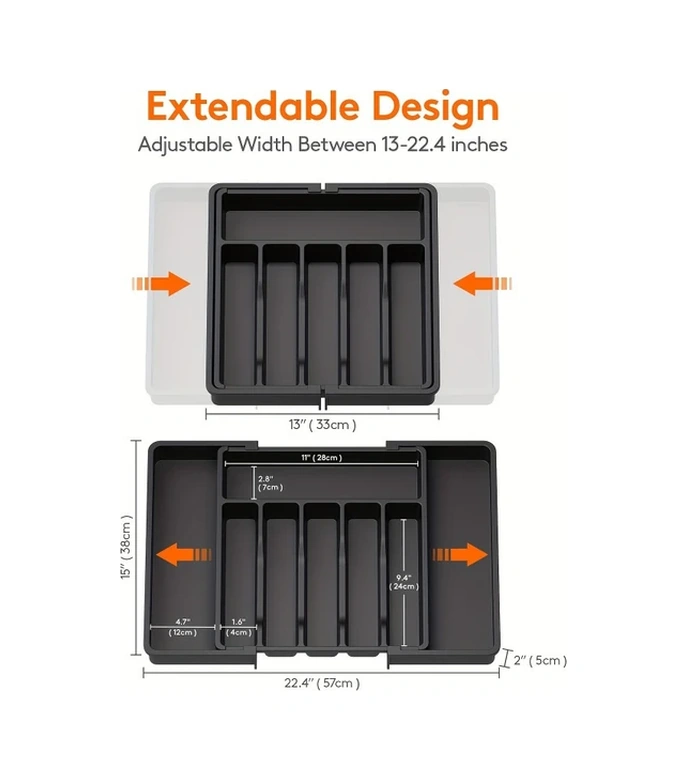 Gateesat Siyah 8 Bölmeli Genişletilebilir Mutfak Çekmece İçi Organizer Tablası, Pratik Saklama Çözümü Siyah