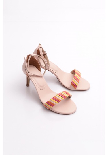 Dgn 5315 Kadin Bilekten Bağlama Renkli Şerit Topuklu Ayakkabi Bej Multi