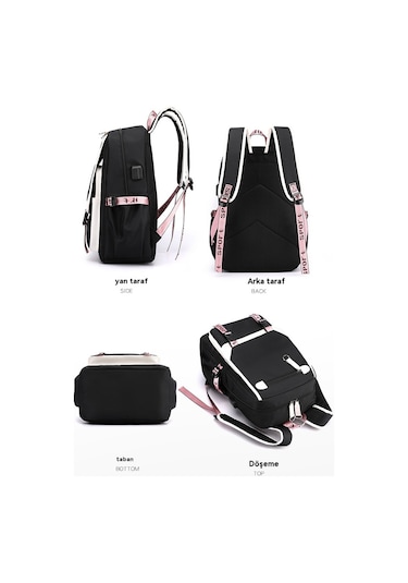 Karikatür Labubu Labubu Çocuk Okul Çantası Sırt Çantası Erkek Ve Kız Çocukları İçin Üç Parçalı Set Siyah Pembe 01