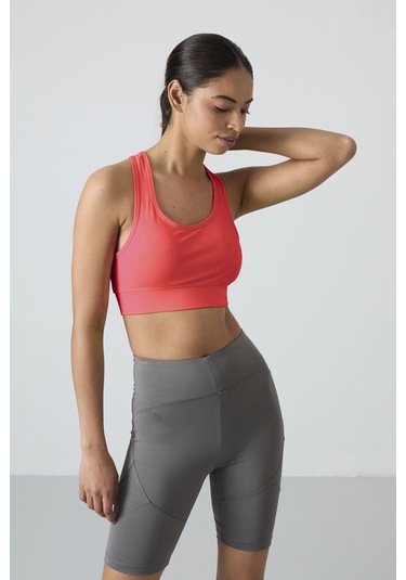 Neon Pembe Sırt Detaylı Dar Kalıp U Yaka Kadın Spor Büstiyer - 97120 Pembe