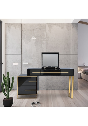 Cristina Siyah Gold Metal Makyaj Masası
