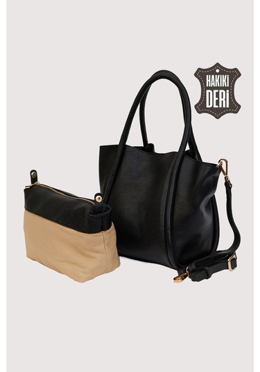Hakiki Deri Kadın Organizerlı El Çantası Siyah Smr9206-2 Siyah