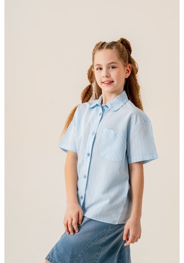 Kız Çocuk Bebe Yaka Yarım Kol Gömlek 3171 Mavi