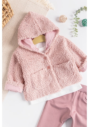 Kapüşonlu Hırkalı 3'lü Kız Bebek Takım 001